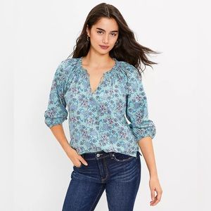 LOFT Floral Shirred Tie Neck Blouse Mint Lake size LP Large Petite
